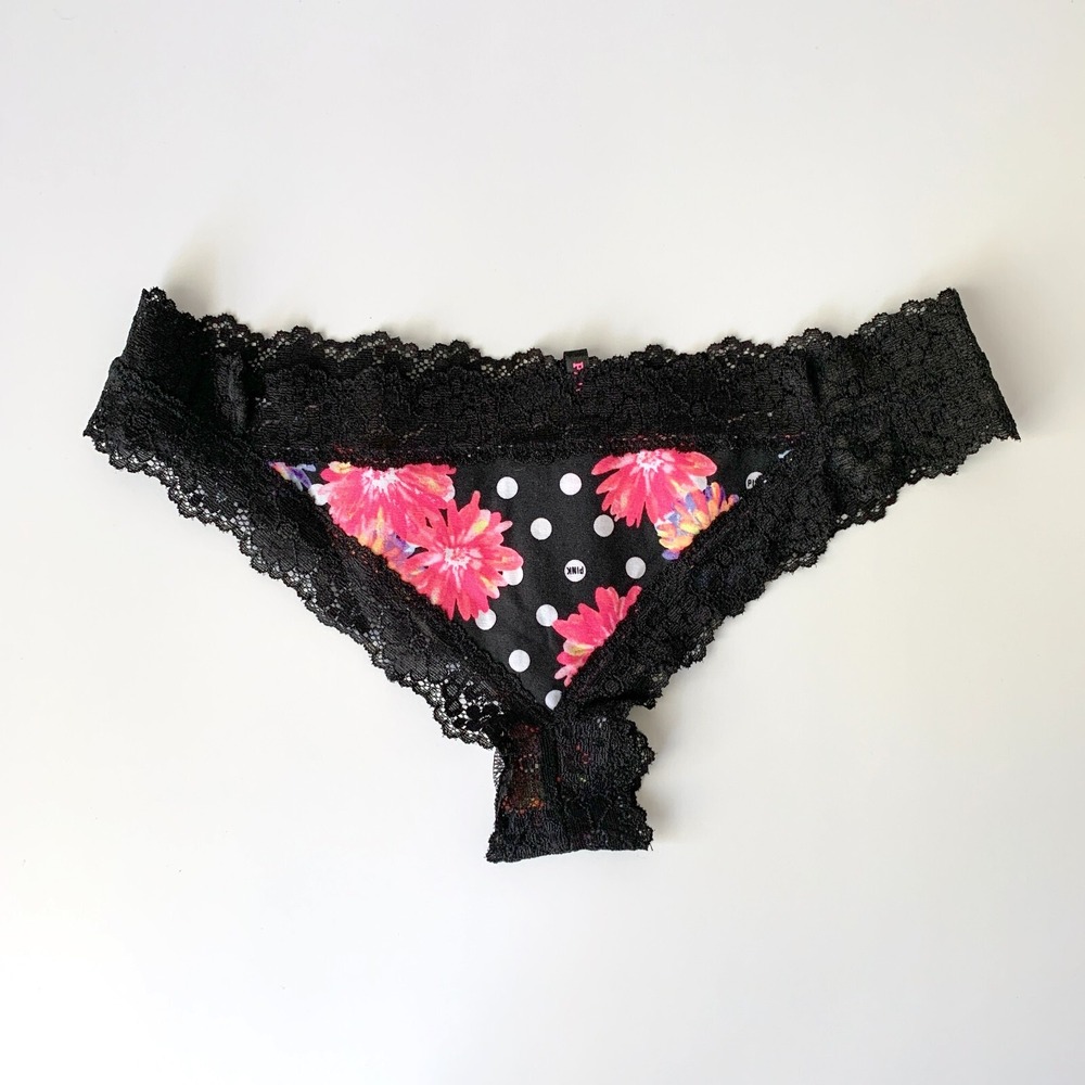 Victoria's Secret PINK Sz M Extra Low Rise Thong Panties Black Floral Dots Lace